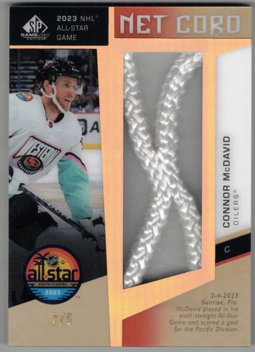 GB#21,892 - HUGE MINI CHANCER - 23-24 UPPER DECK SP GAME USED GOLD NET CORD CONNOR MCDAVID! ONLY 30 SPOTS!