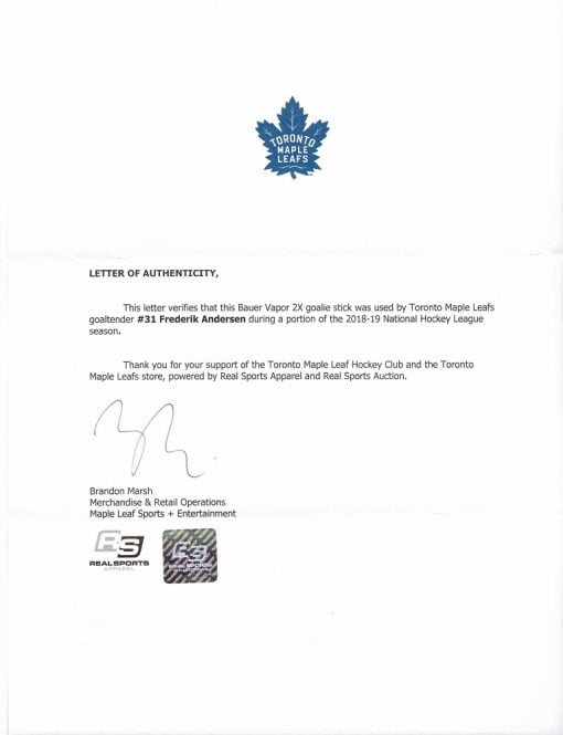 Frederik Andersen Game Used Bauer Stick Toronto Maple Leafs (With COA)